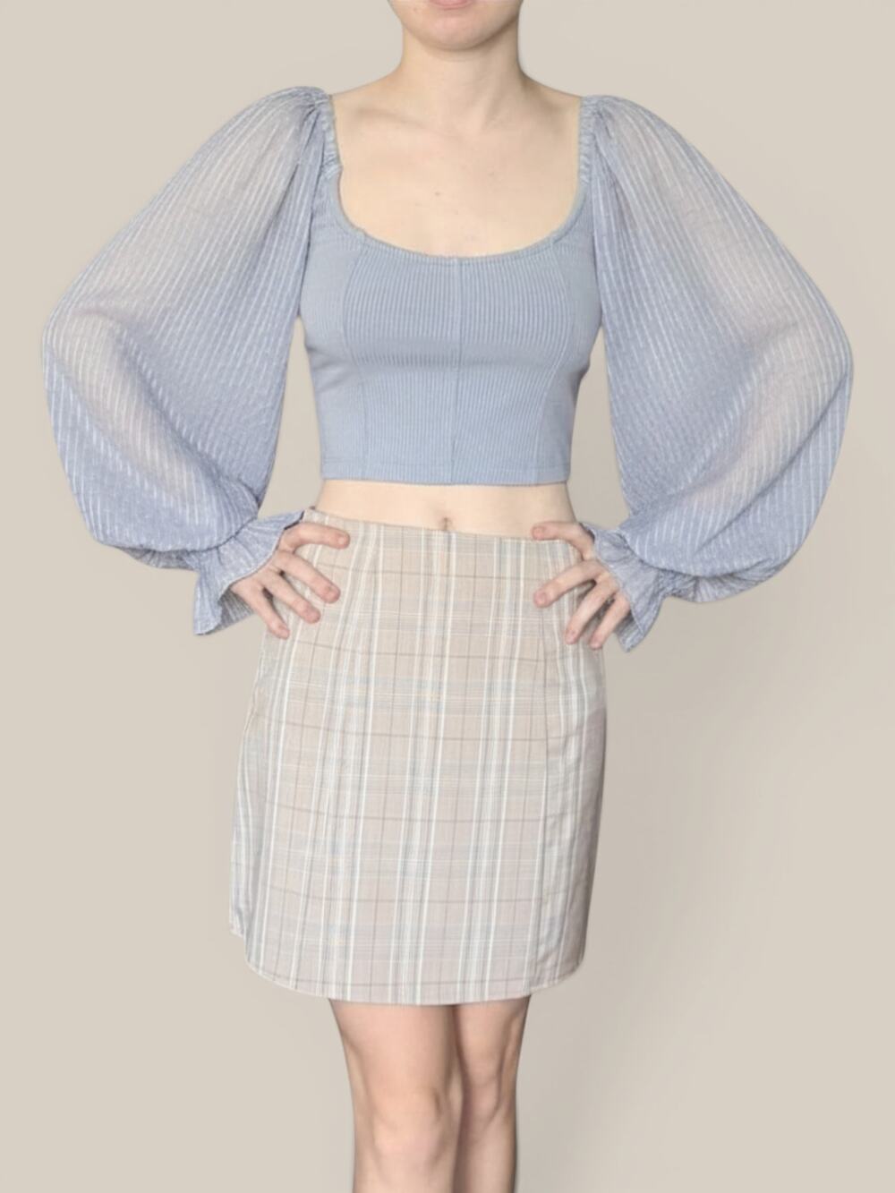 Urban Outfitters Cynthia Sheer Balloon Sleeve Crop Top Gray Blue Small